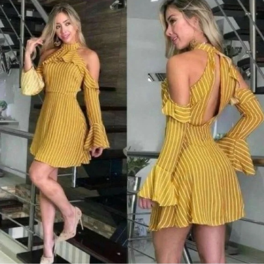 Selfie Leslie Mustard Striped Cold Shoulder Dress